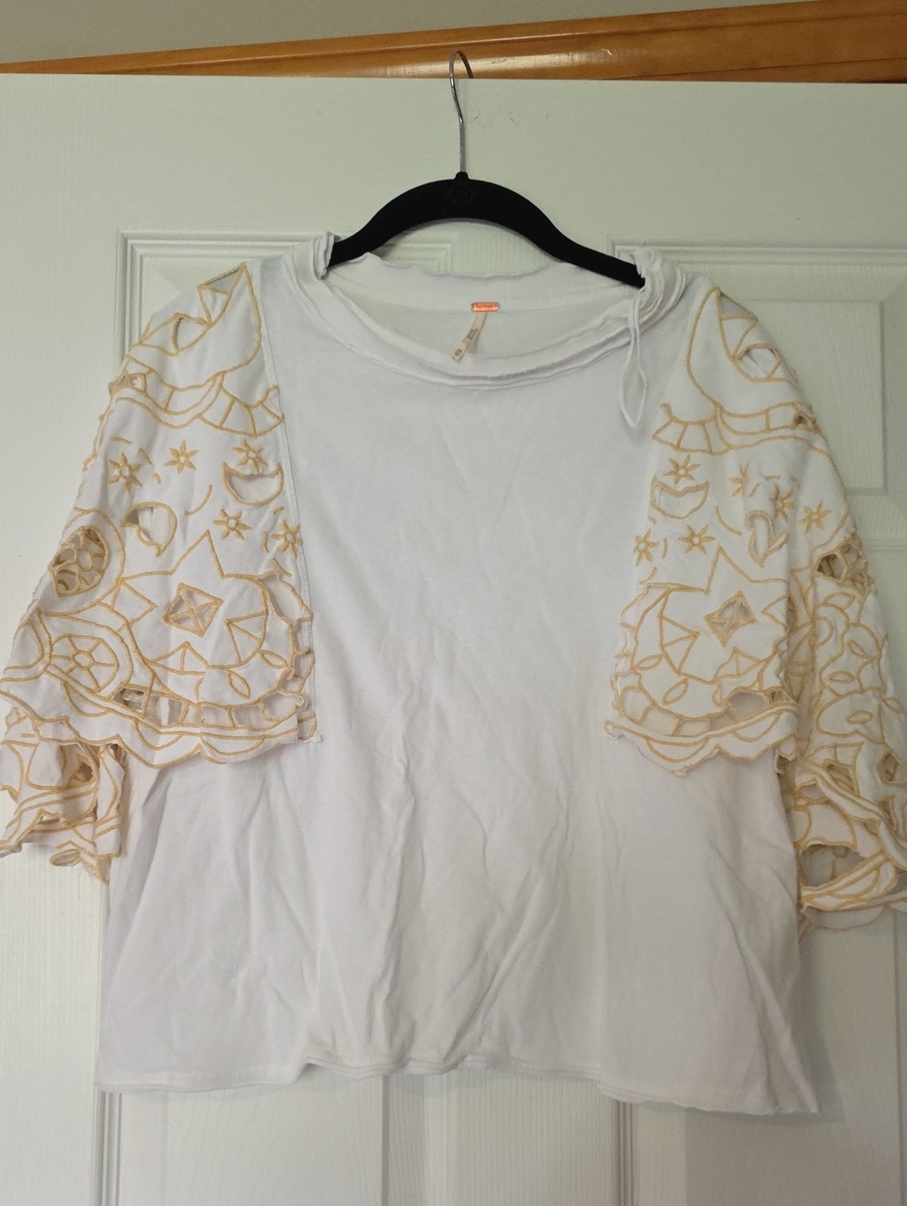 Free People White Tee with Cream Embroidered Flutter Sleeves